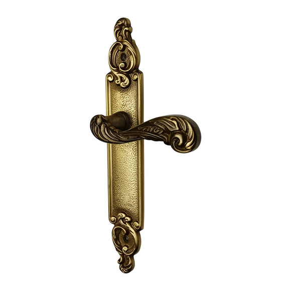 2 poignées de porte sur plaque SULLY, Sans trou pour pièce à vivre, Finition laiton patiné aspect vieilli, Entraxe standard 195 mm