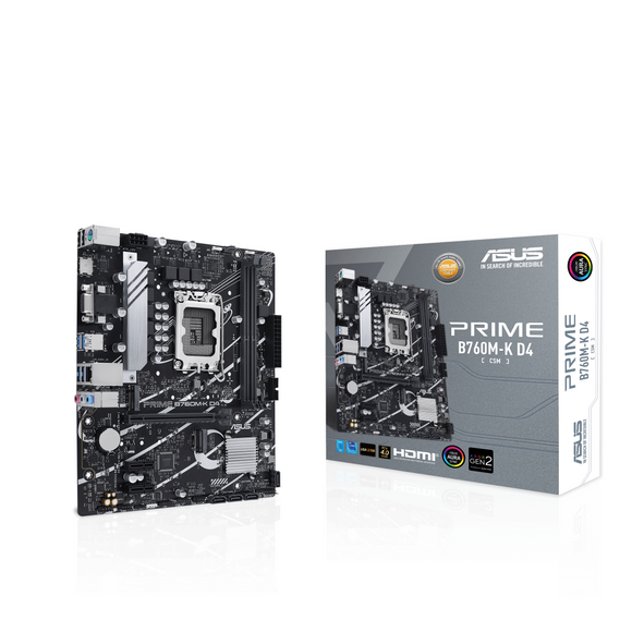 Asus PRIME B760M-K D4 Processor family Intel Processor socket LGA1700 DDR4 DIMM Memory slots 2 Supported hard disk drive interfaces SATA, M.2 Number of SATA connectors 4 Chipset Intel B760 mATX
