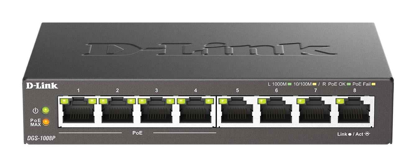 D-Link | Commutateur Gigabit PoE 8 ports (4xPoE) | DGS-1008P | Non géré | Bureau | Alimentation externe