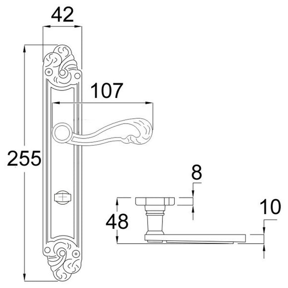2 poignées de porte sur plaque LOUIS XV, Verrou condamnation pour salle de bain/WC, Finition zamak doré patiné, Entraxe standard 195 mm