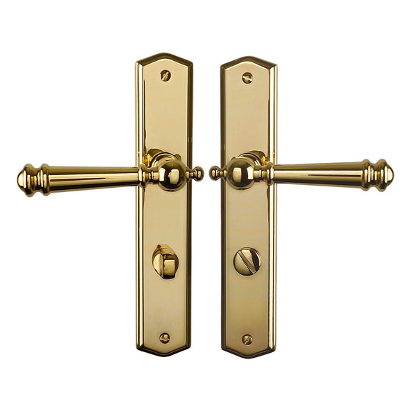 2 poignées de porte ATTILA, Verrou de condamnation pour salles de bain/WC, Finition laiton poli doré, Entraxe standard 195 mm