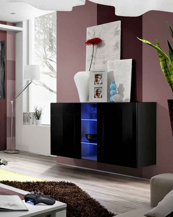 Bahut suspendu mural fly noir de haute brillance avec led - Clicktofournisseur.com