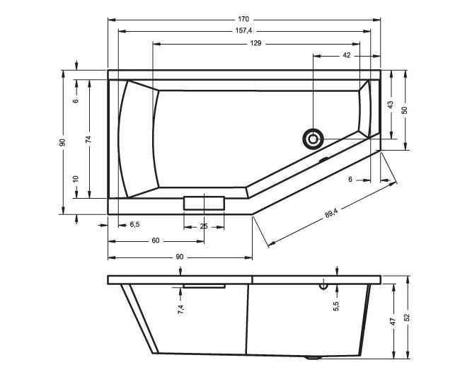 Baignoire acrylique riho d'angle droite geta 170x90 cm avec une poignée intégrée - Clicktofournisseur.com
