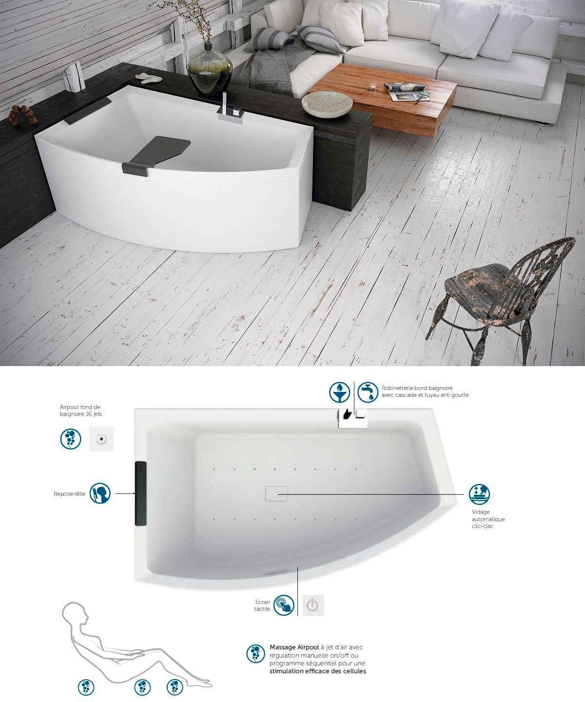Baignoire d'angle acrylique balnéo NOVELLINI DIVINA O HYDRO AIR 165x94 cm avec robinetterie et châssis clicktofournisseur.com