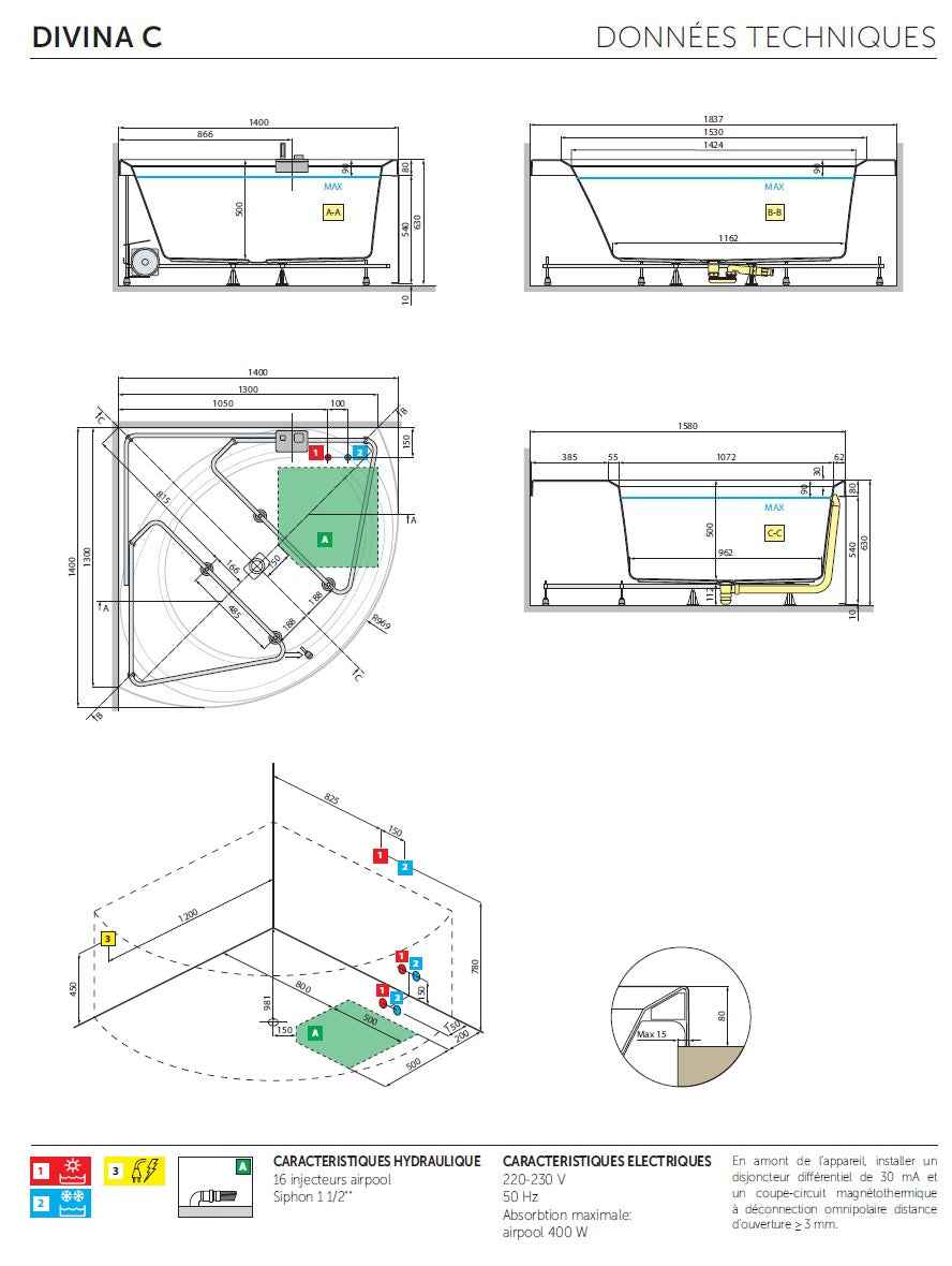 Baignoire dangle balnéo NOVELLINI DIVINA C HYDRO AIR 140X140 cm avec châssis et tablier clicktofournisseur.com