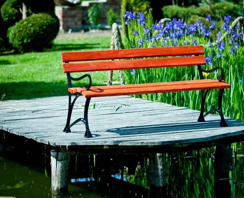 Banc de jardin en bois couleur acajou et aluminium 180 cm avec accoudoirs - Clicktofournisseur.com