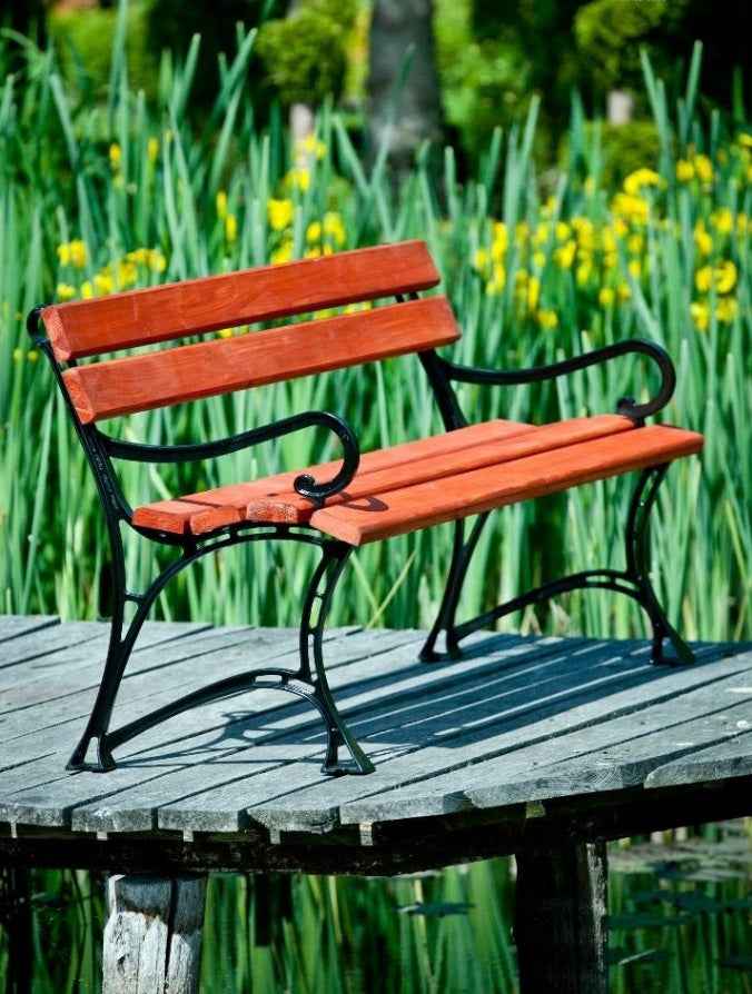 Banc de jardin en bois couleur acajou et aluminium 180 cm avec accoudoirs - Clicktofournisseur.com