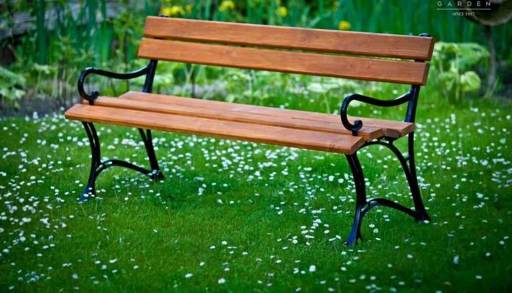 Banc de jardin en bois couleur teck et aluminium 150cm avec accoudoirs - Clicktofournisseur.com