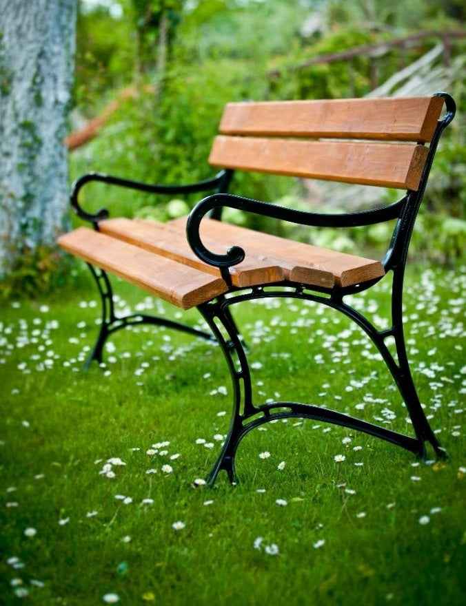 Banc de jardin en bois couleur teck et aluminium 150cm avec accoudoirs - Clicktofournisseur.com