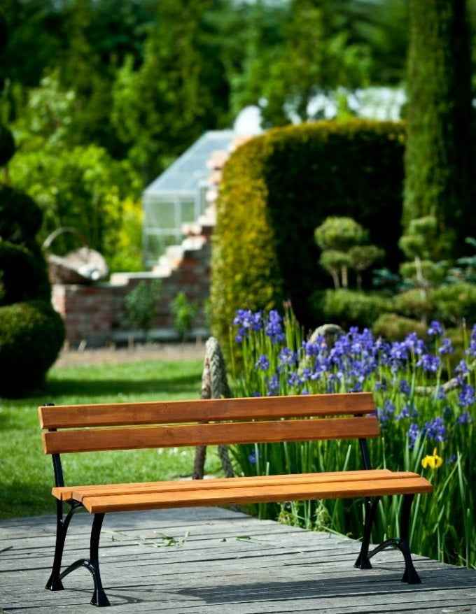 Banc de jardin en bois couleur teck et aluminium 150cm - Clicktofournisseur.com