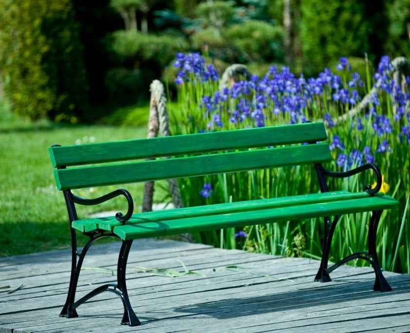Banc de jardin vert en bois et aluminium 180 cm avec accoudoirs - Clicktofournisseur.com