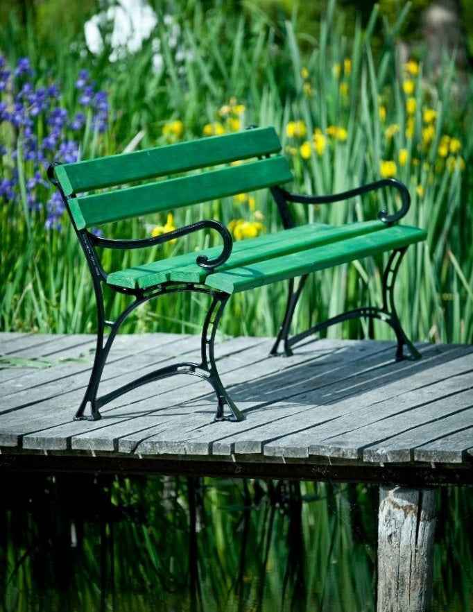 Banc de jardin vert en bois et aluminium 180 cm avec accoudoirs - Clicktofournisseur.com