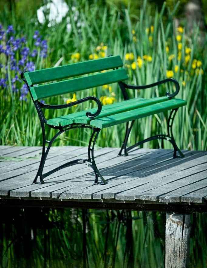 Banc de jardin vert en bois et aluminium 180 cm avec accoudoirs clicktofournisseur.com