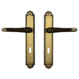 2 poignées de porte sur plaque VANESSA, Entrée de clé pour chambre, Finition laiton patiné, Entraxe standard 195 mm