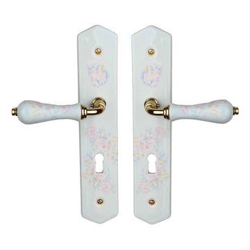 2 poignées de porte ROSAE, Entrée de clé pour chambre, Porcelaine de Limoges, Finition coude doré, Entraxe standard 195 mm