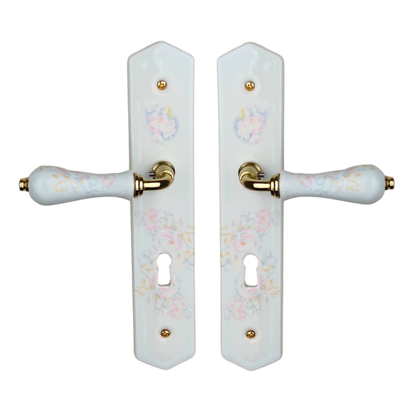 2 poignées de porte ROSAE, Entrée de clé pour chambre, Porcelaine de Limoges, Finition coude doré, Entraxe standard 195 mm