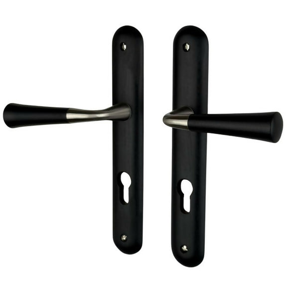 2 poignées de porte sur plaque CLEO, Trou de cylindre - entrée - bureau - service, Finition bois noir, Entraxe standard 195 mm