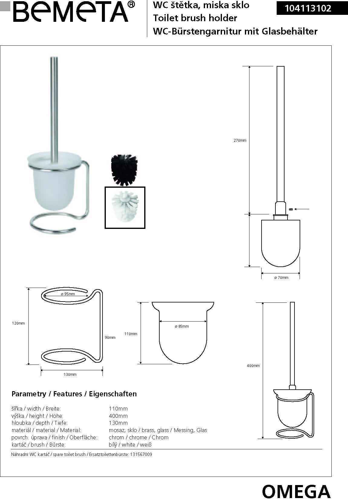 Brosse blanche de toilettes OMEGA, bol en verre 11x40x13cm