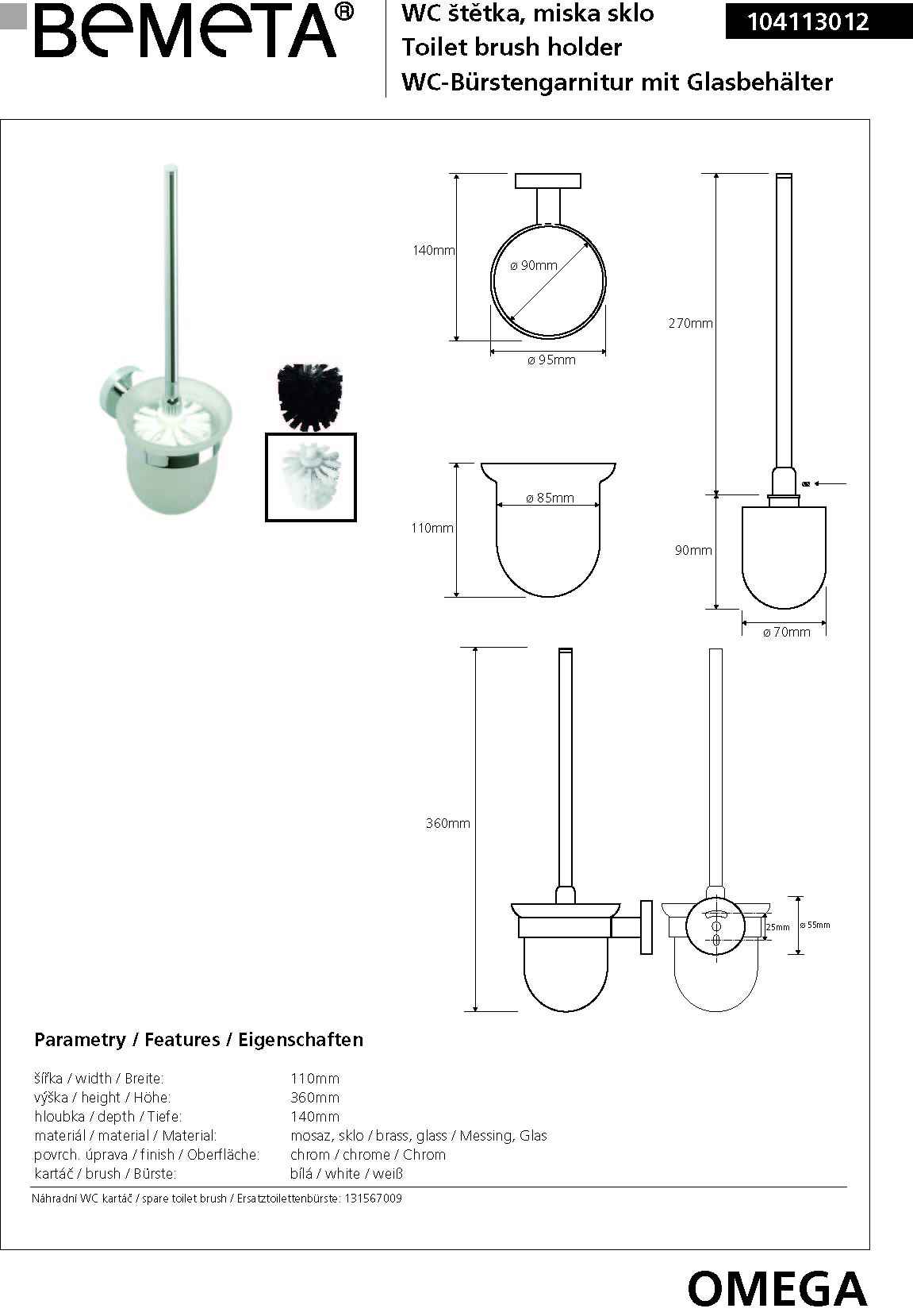 Brosse blanche murale de toilettes OMEGA, bol en verre 11x36x14cm clicktofournisseur.com