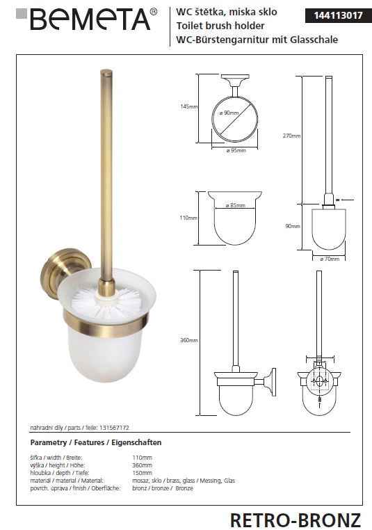 Brosse murale de toilette retro en laiton bol en verre 11x36x15 cm - Clicktofournisseur.com