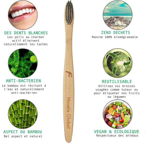 Brosse à dents en bambou avec poils au charbon actif, info sur ses bénéfices écologiques et sanitaires.