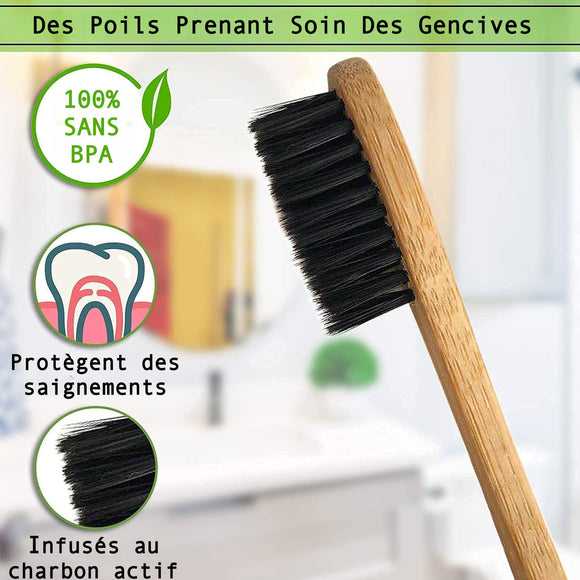 Brosse à dents en bambou naturel avec poils souples, conçue pour protéger les gencives et infusée au charbon actif.