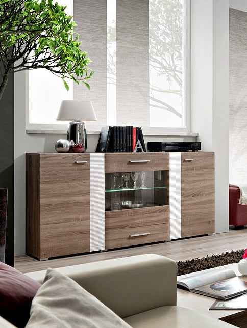 Buffet aleppo en chêne sonoma et rainures blanches avec led - Clicktofournisseur.com