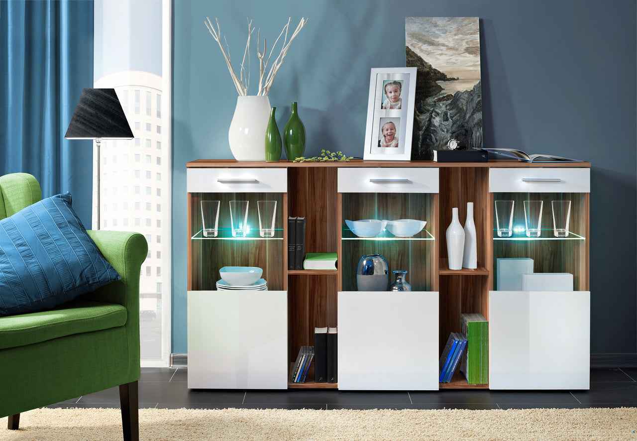 Buffet dorade blanc de haute brillance et en prunier avec led - Clicktofournisseur.com