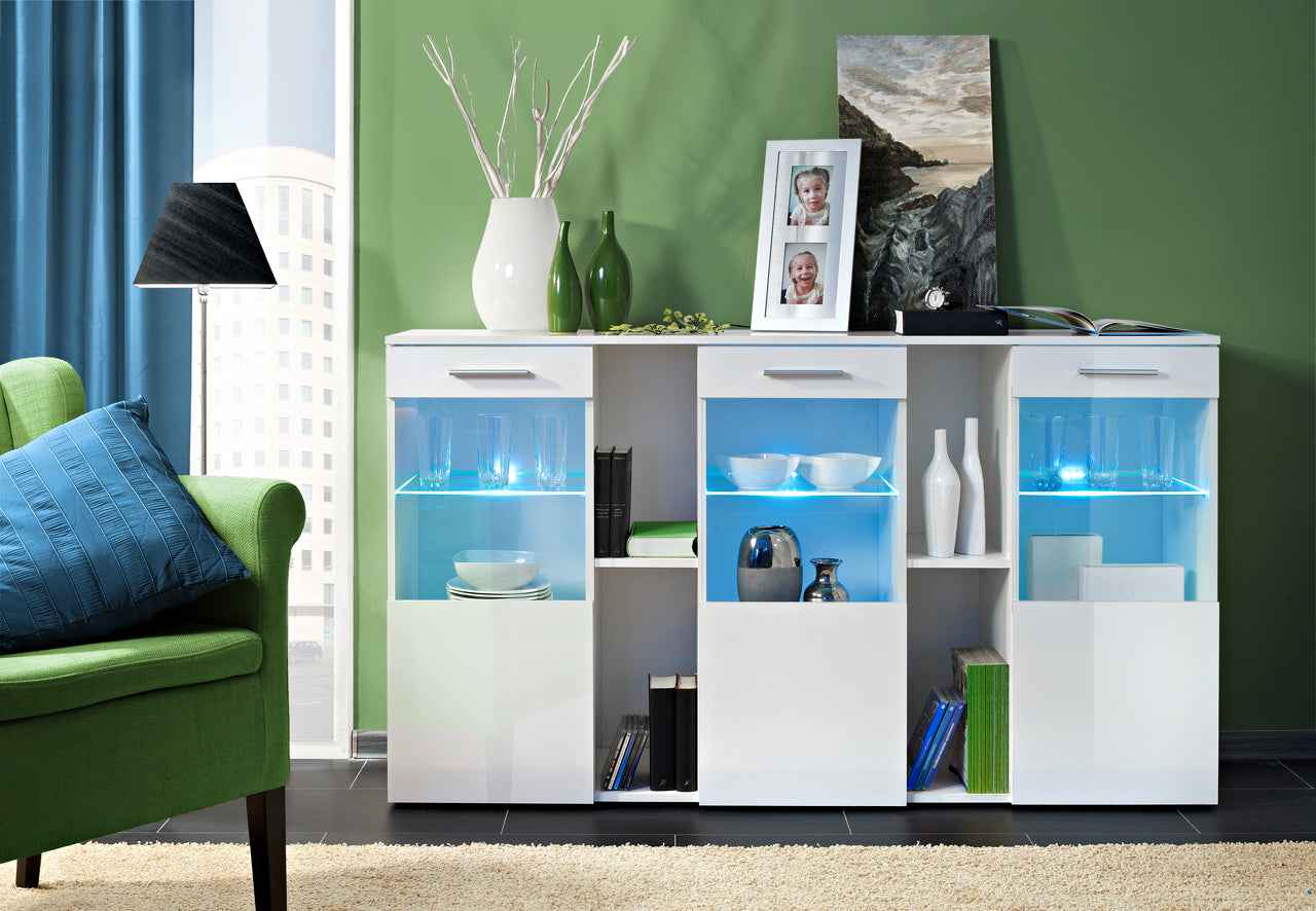 Buffet dorade blanc de haute brillance et en verre avec led - Clicktofournisseur.com