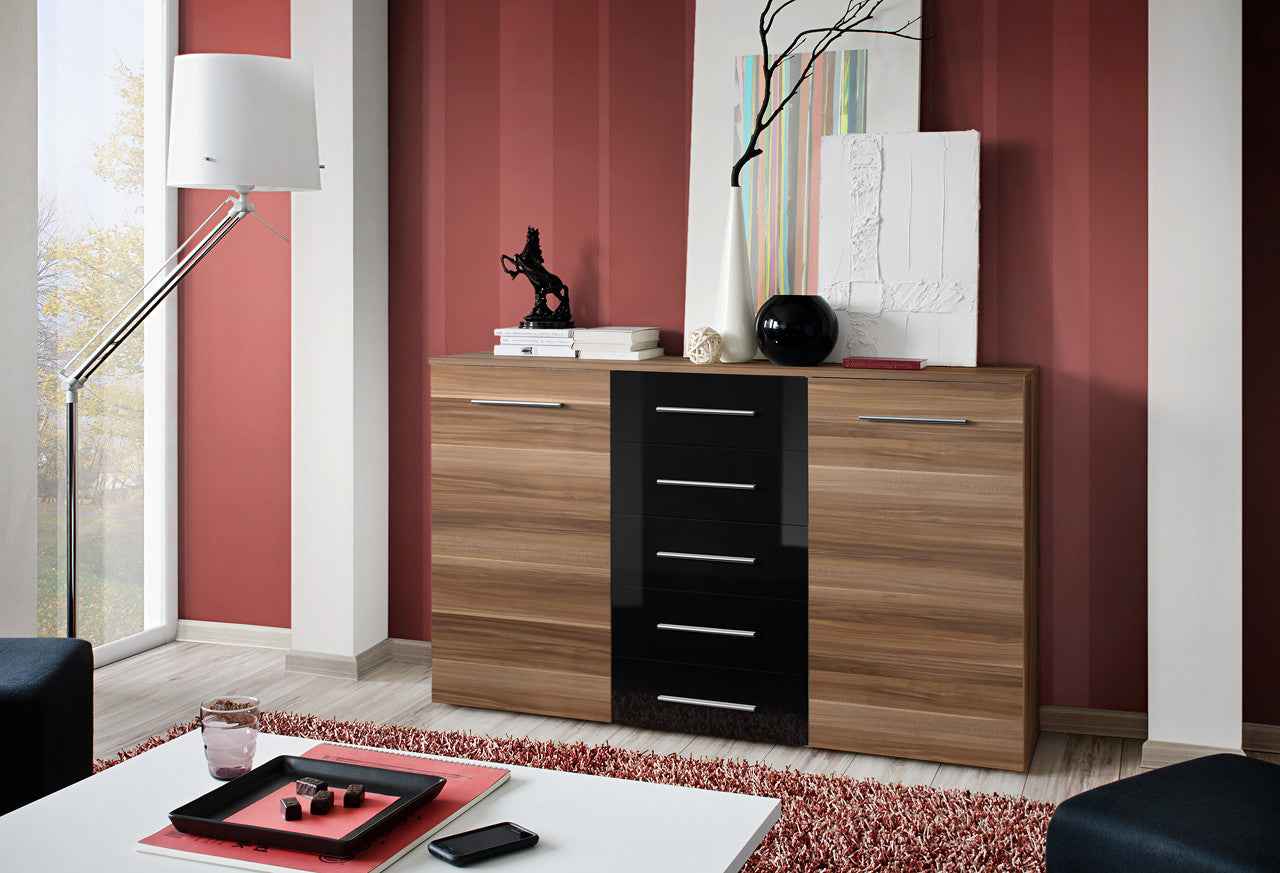 Buffet fox à 5 tiroirs en prunier et noir de haute brillance - Clicktofournisseur.com