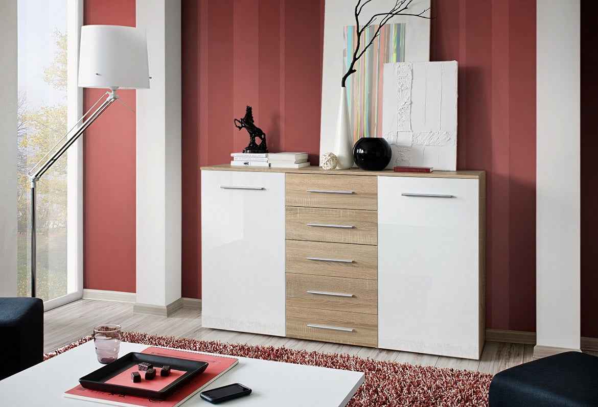 Buffet foxa à 5 tiroirs en prunier et blanc de haute brillance - Clicktofournisseur.com