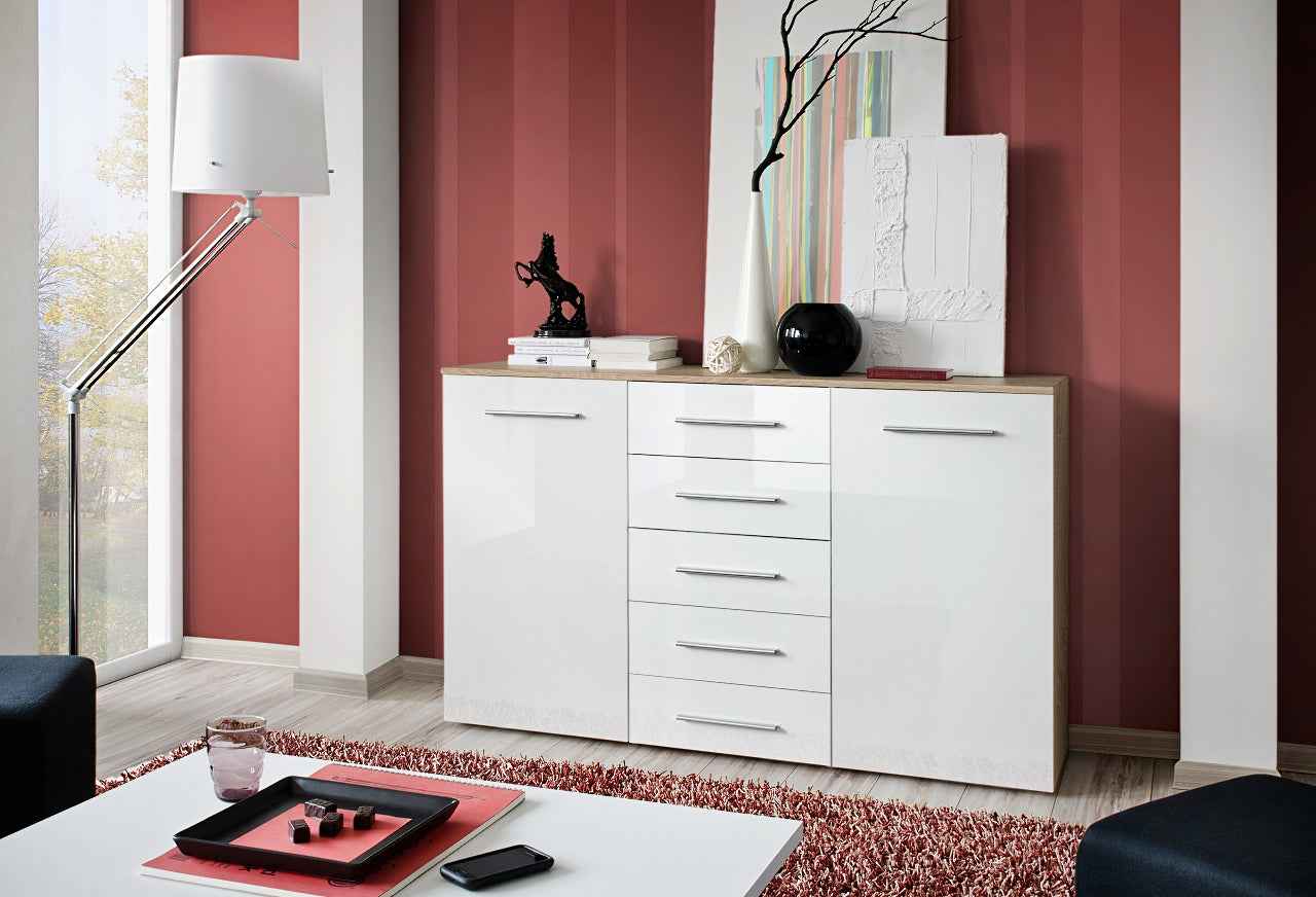 Buffet foxo à 5 tiroirs en blanc de haute brillance et en prunier - Clicktofournisseur.com