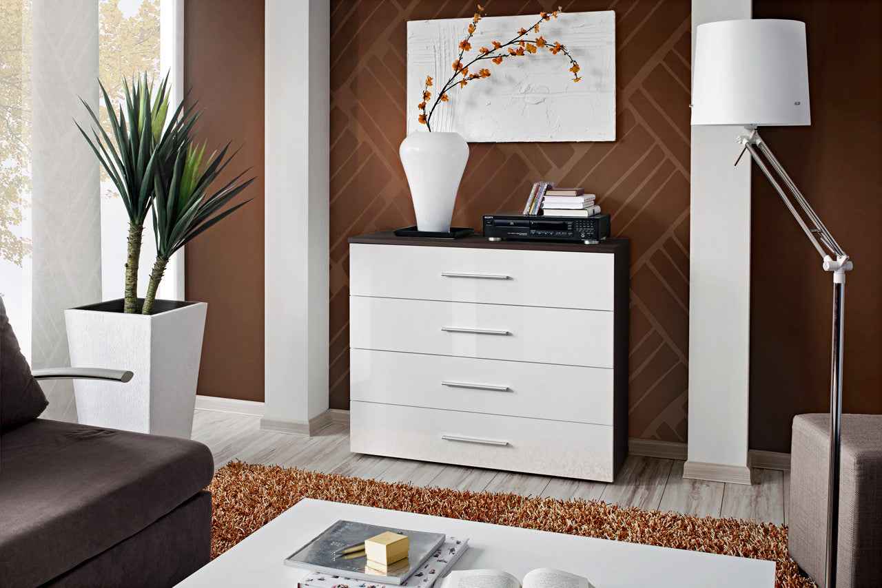 Buffet gora bicolore corps wengé et tiroirs en blanc de haute brillance - Clicktofournisseur.com