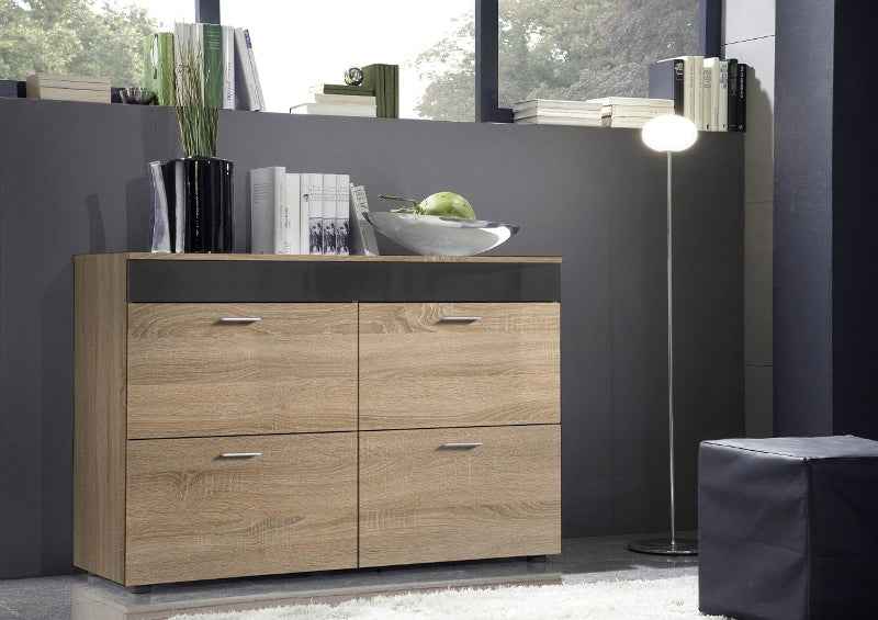 Buffet loga en chêne sonoma et bande graphite de haute brillance - Clicktofournisseur.com