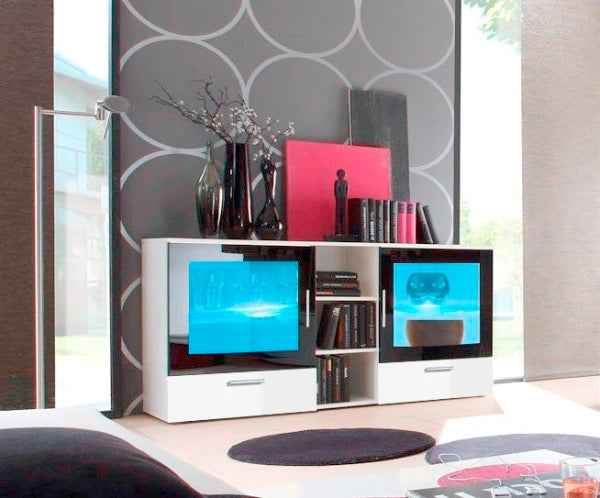 Buffet lyra blanc et noir de haute brillance et en verre avec led - Clicktofournisseur.com