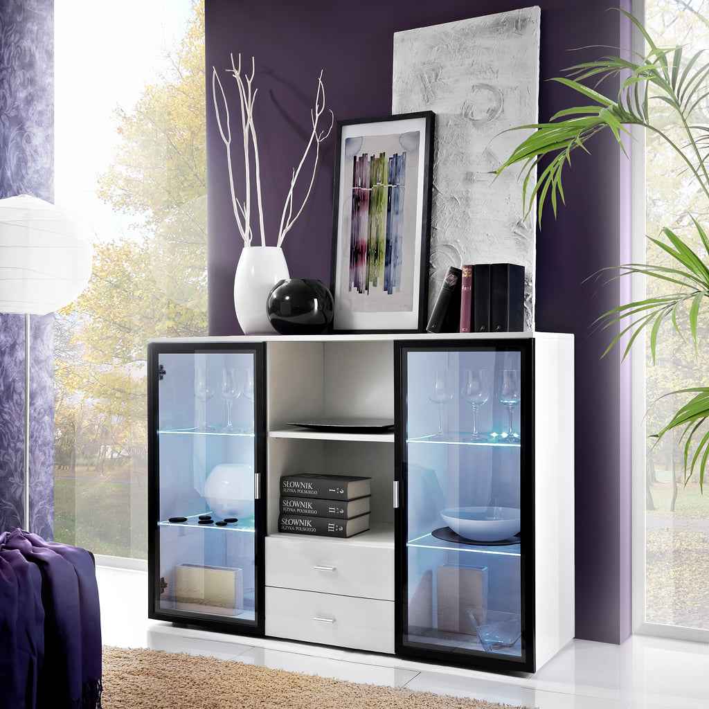 Buffet quadro blanc et noir de haute brillance et en verre avec led - Clicktofournisseur.com