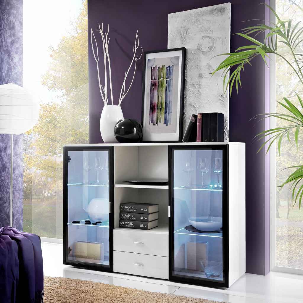 Buffet QUADRO blanc et noir de haute brillance et en verre avec LED clicktofournisseur.com