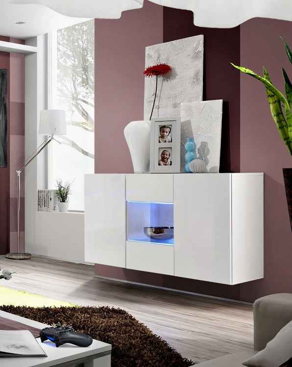 Buffet suspendu mural fly blanc de haute brillance avec led - Clicktofournisseur.com