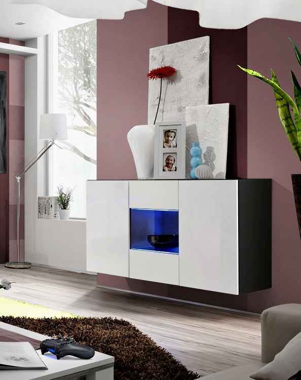 Buffet suspendu mural fly blanc et noir de haute brillance avec led - Clicktofournisseur.com