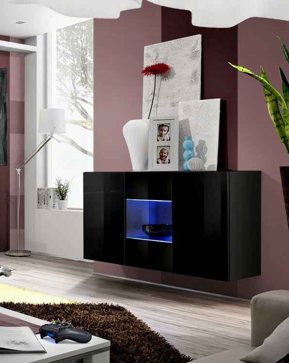 Buffet suspendu mural fly noir de haute brillance avec led - Clicktofournisseur.com