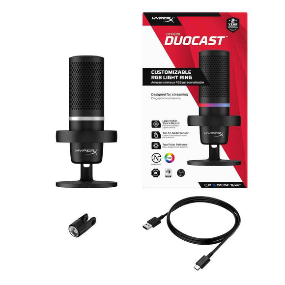 Microphone HyperX DuoCast USB-C, prise jack 3,5 mm, éclairage RVB, noir