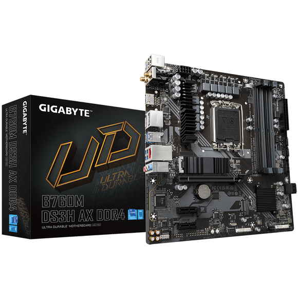 Gigabyte | B760M DS3H AX DDR4 1.0 M/B | Processor family Intel | Processor socket LGA1700 | DDR4 DIMM | Memory slots 4 | Supported hard disk drive interfaces SATA, M.2 | Number of SATA connectors 4 | Chipset Intel B760 Express | Micro ATX