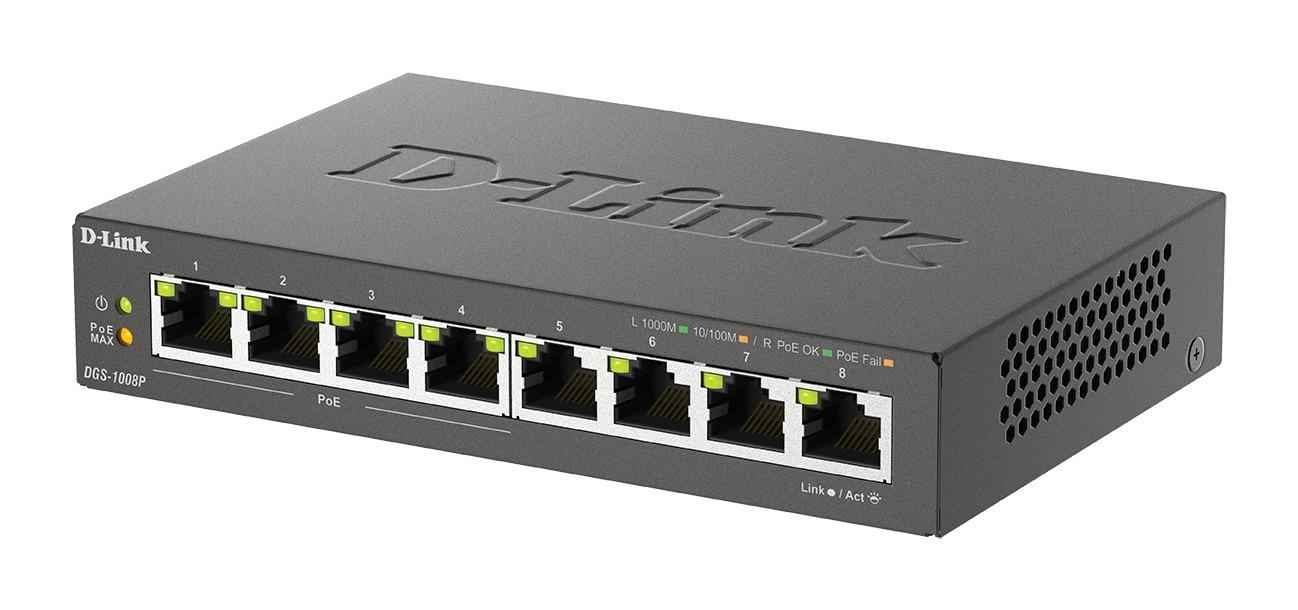 D-Link | Commutateur Gigabit PoE 8 ports (4xPoE) | DGS-1008P | Non géré | Bureau | Alimentation externe