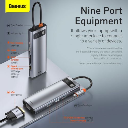 Hub 9in1 Baseus Metal Gleam Series, USB-C to 3x USB 3.0 + HDMI + USB-C PD + Ethernet RJ45 + microSD/SD + VGA