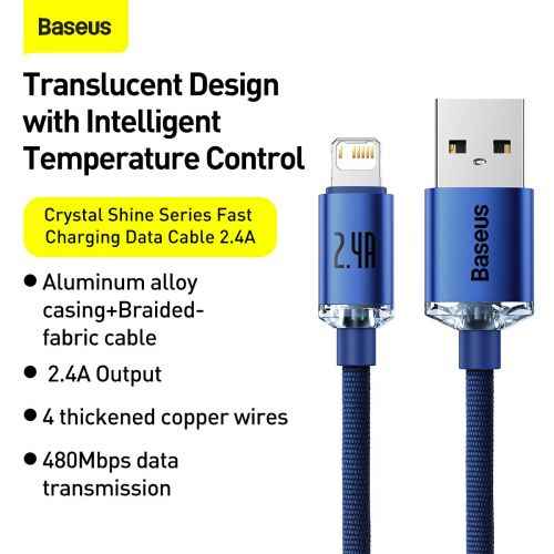 Câble de données Baseus Lightning Crystal Shine Series pour charge rapide 2,4 A 1,2 m Bleu (CAJY000003)