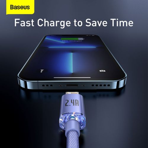 Câble de données baseus lightning crystal shine series pour charge rapide 24 a 2 m violet cajy000105