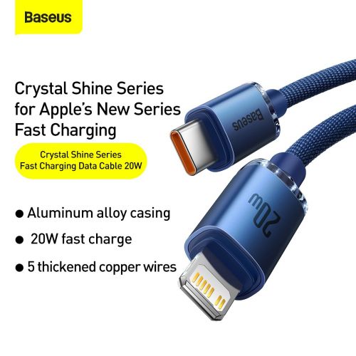 Câble Lightning Baseus Type-C, série Crystal Shine, charge rapide, données, 20 W, 1,2 m, bleu (CAJY000203)