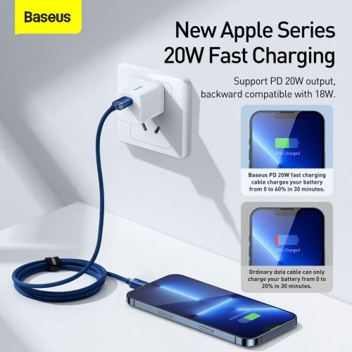 Câble Lightning Baseus Type-C, série Crystal Shine, charge rapide, données, 20 W, 1,2 m, bleu (CAJY000203)