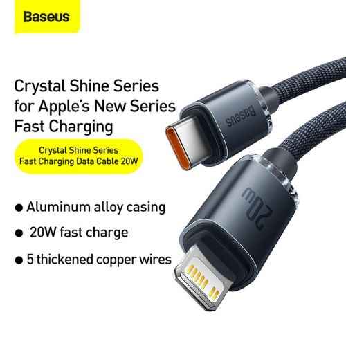 Câble Lightning Baseus Type-C, série Crystal Shine, charge rapide, données, 20 W, 2 m, noir (CAJY000301)