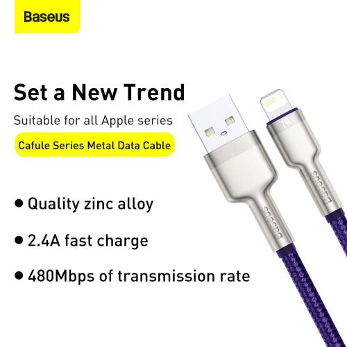 CABLU alimentare si date Baseus Cafule Metal, Fast Charging Data Cable pt. smartphone, USB la Lightning Iphone 2.4A, braided, 2m, violet "CALJK-B05" (timbru verde 0.08 lei) - 6953156202306